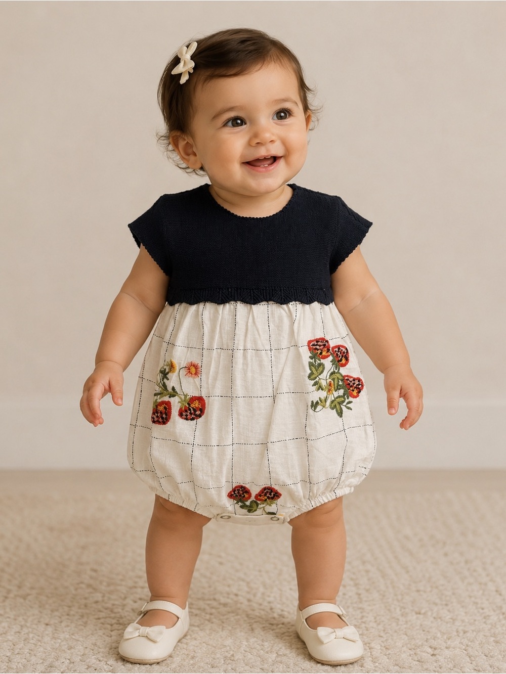 Navy and White Floral Embroidered Baby Dress Romper